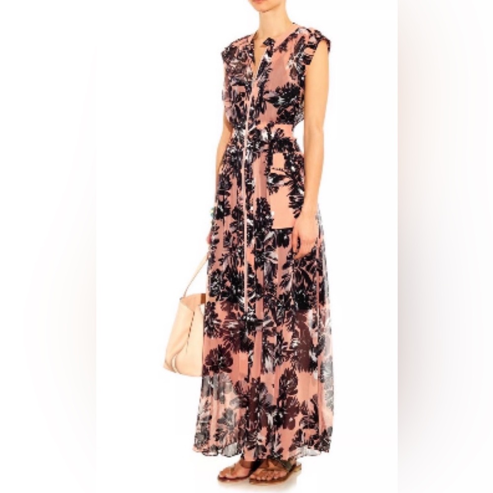 Rebecca Taylor Peach Floral Maxi Dress with Black Print